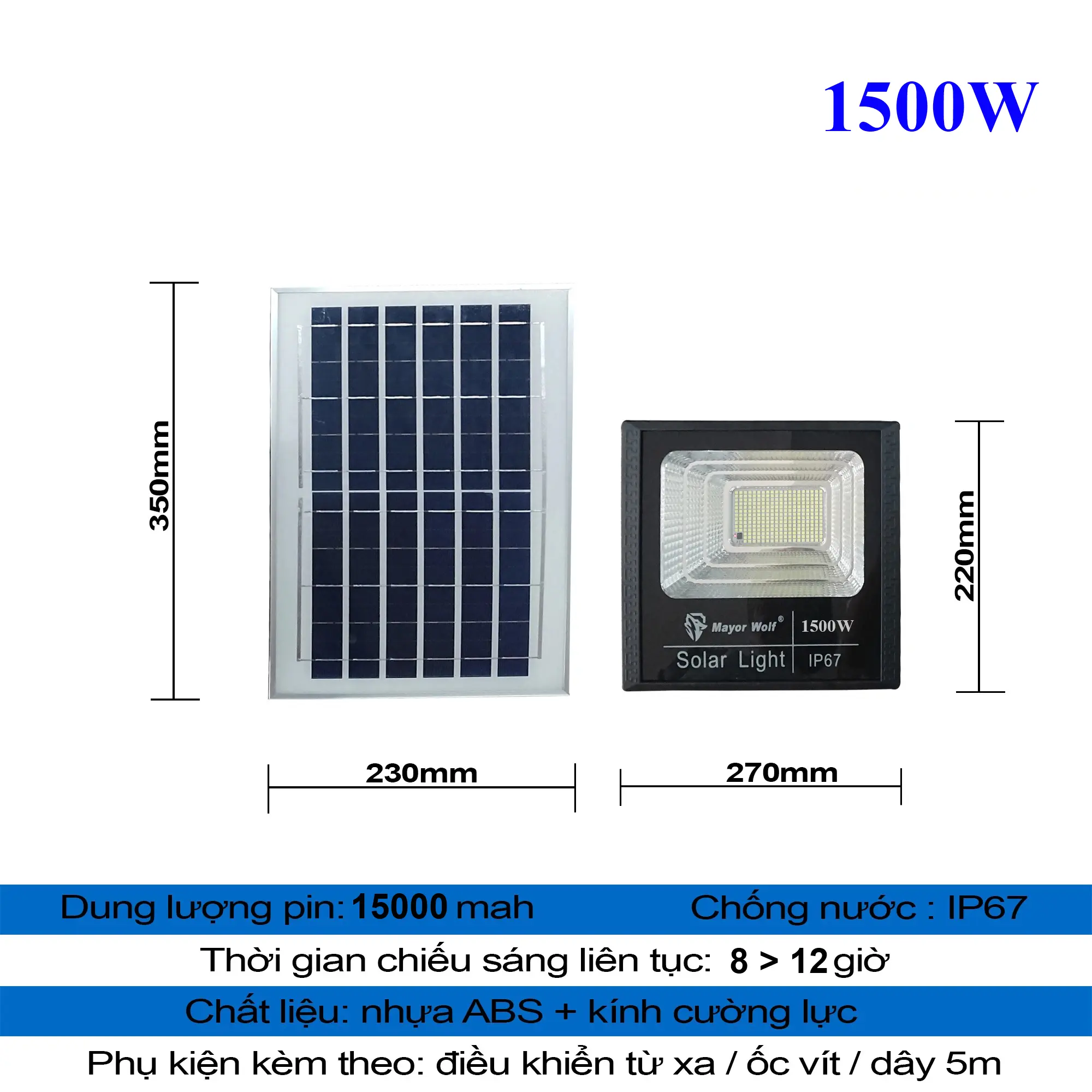 đèn led năng lượng mặt trời solar light 1500w siêu sáng bảo hành 24 tháng chống nước tuyệt đối hoạt động cả khi trời mưa thời gian chiếu sáng 10 đến 12 giờ