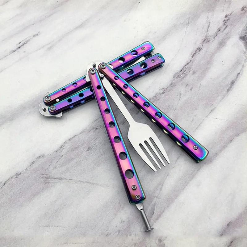 Product Introduction of New Stainless Steel Butterfly Folding Spoon Fork Practice Training Outdoor Balisong Training Tool Tableware Camping 14