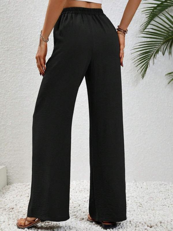Women's Plain Pocket Tie Front Elastic Waist Straight Leg Pants, Casual High Waist Wide Leg Trousers for Daily Wear, Ladies Bottoms for All Seasons, Baggy Pants 8