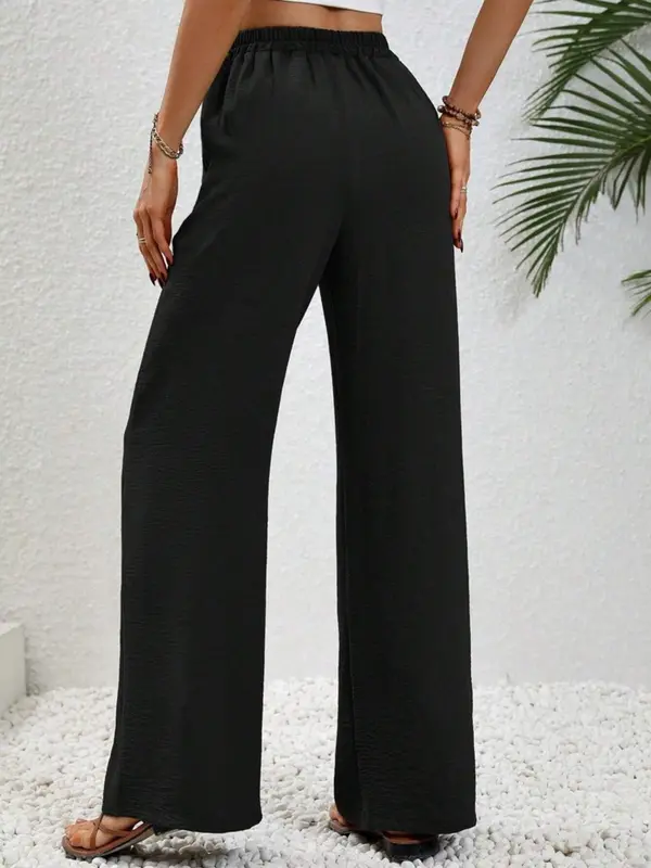 Women's Plain Pocket Tie Front Elastic Waist Straight Leg Pants, Casual High Waist Wide Leg Trousers for Daily Wear, Ladies Bottoms for All Seasons, Baggy Pants 8