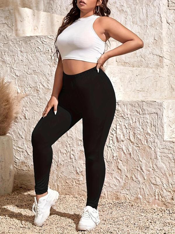 【Plus Size】 Solid Color Skinny Pants, Casual Comfy Breathable Seamless Leggings for Daily Wear, Women's Bottoms for Summer 6
