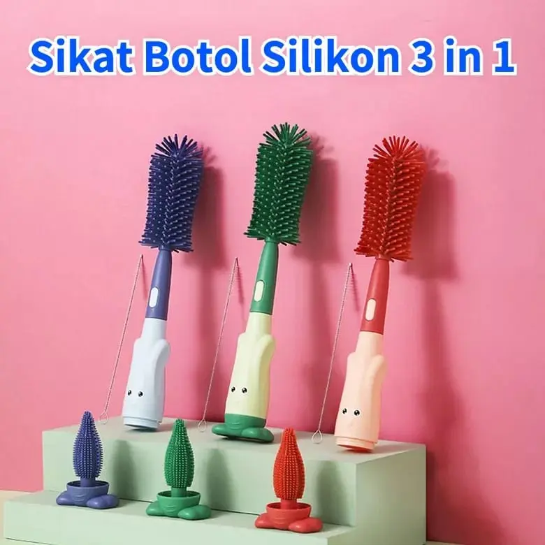 ikat Botol Set 3 in 1 Sikat Botol Bayi Silikon Bottle Nipple Straw Silicone Brush