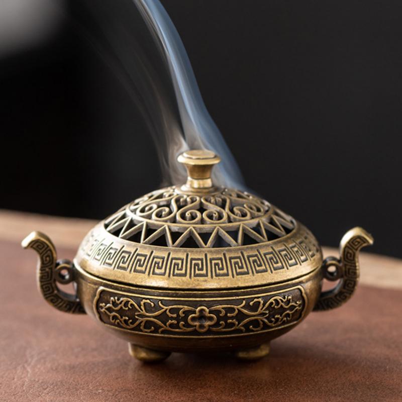 fingyout- Mini Incense Burner Bedroom Incense Burner Vintage Chinese Style Incense Burner Holder for Home Office Decor Dual-ears Three-legged Zinc Alloy Cone Incense Stand Desktop 5