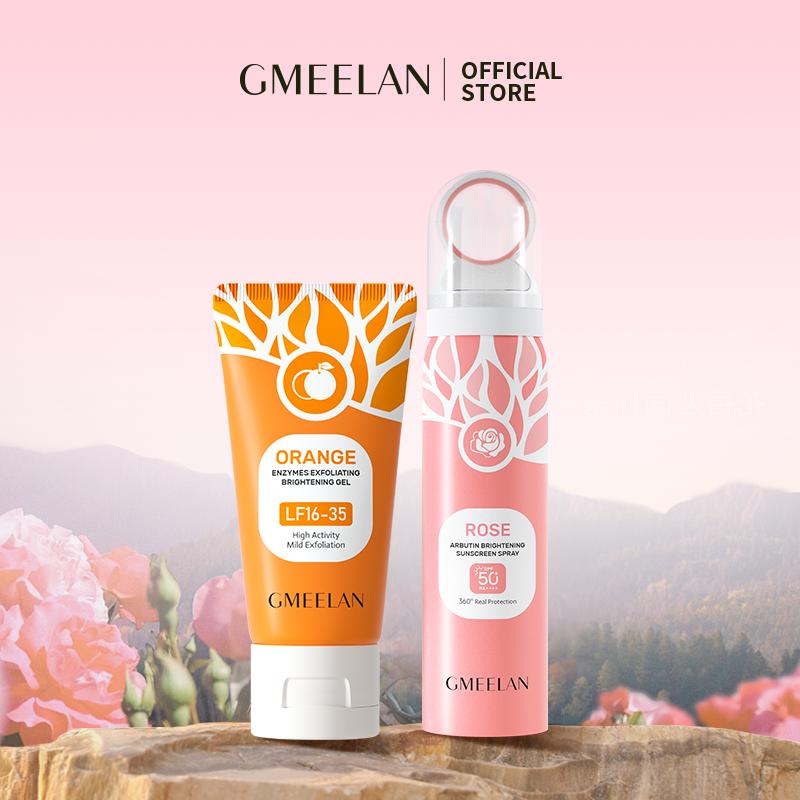 【L 2PCS GMEELAN Gel Tẩy Tế Bào Chết Da Mặt 50g+XỊT CHỐNG NẮNG ROSE ARBUTIN SPF50+ PA++++ 80ML