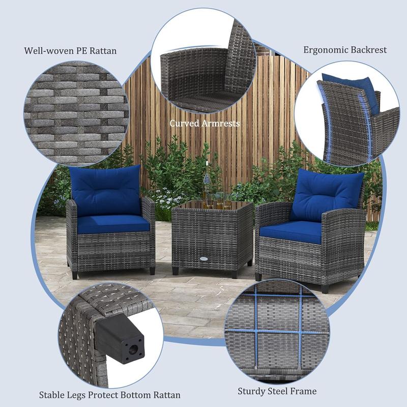 3 Pieces Outdoor Rattan Bistro Set, Patio Wicker Conversation Furniture Set with Cushions & Tempered Glass Tabletop, Metal Frame Garden Conservatory Sofa Table for Porch Balcony (Navy) 2