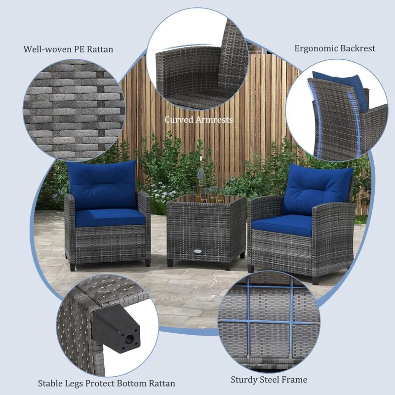 3 Pieces Outdoor Rattan Bistro Set, Patio Wicker Conversation Furniture Set with Cushions & Tempered Glass Tabletop, Metal Frame Garden Conservatory Sofa Table for Porch Balcony (Navy) 2
