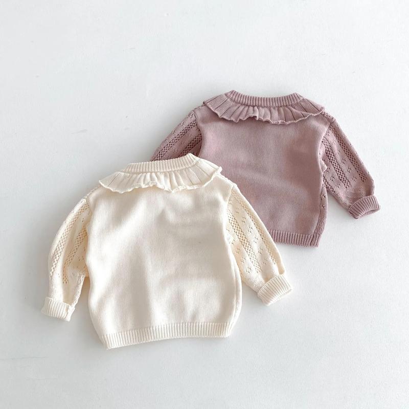 Product Introduction of Korean Baby Girl Autumn Hollow Out Sweater Cardigan Kids Fashion Cotton Ruffle Collar Knitted Jacket Spring Solid Outerwear Coat 13