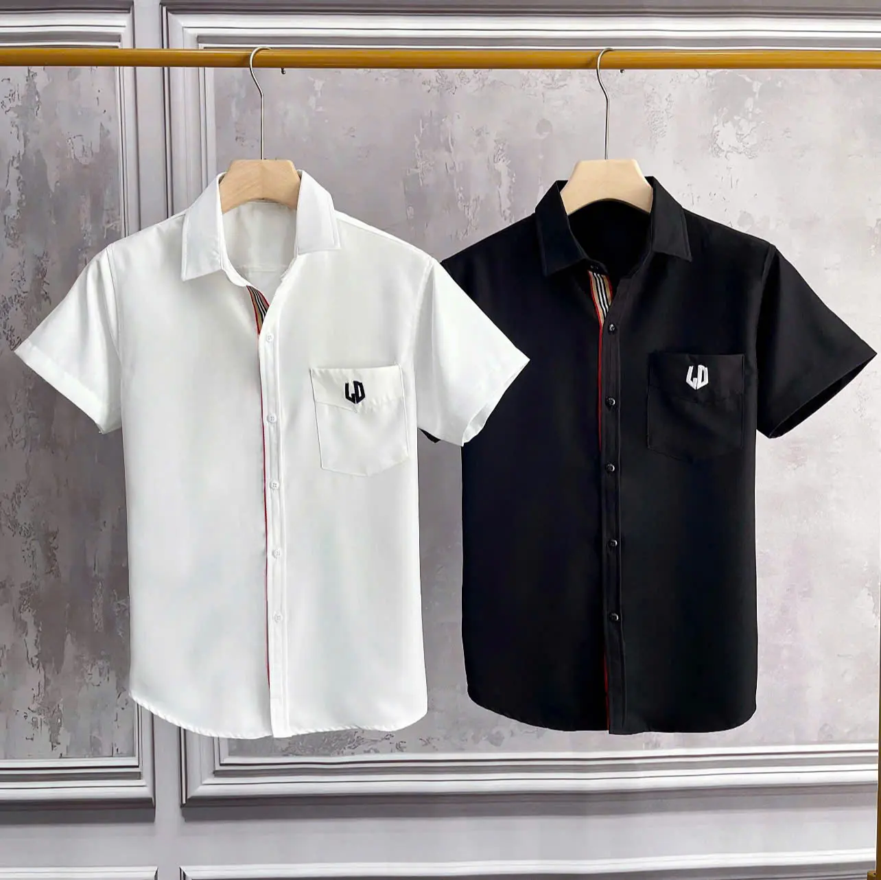 Áo Sơ Mi Nam [CAO CẤP] Ngắn Tay Thêu Logo LD Phối Sọc Giữa - Vải Cotton Lạnh [CAO CẤP] Dày Đẹp - X2 Màu Đen + Trắng [NMEN STORE] Menswear Shirt