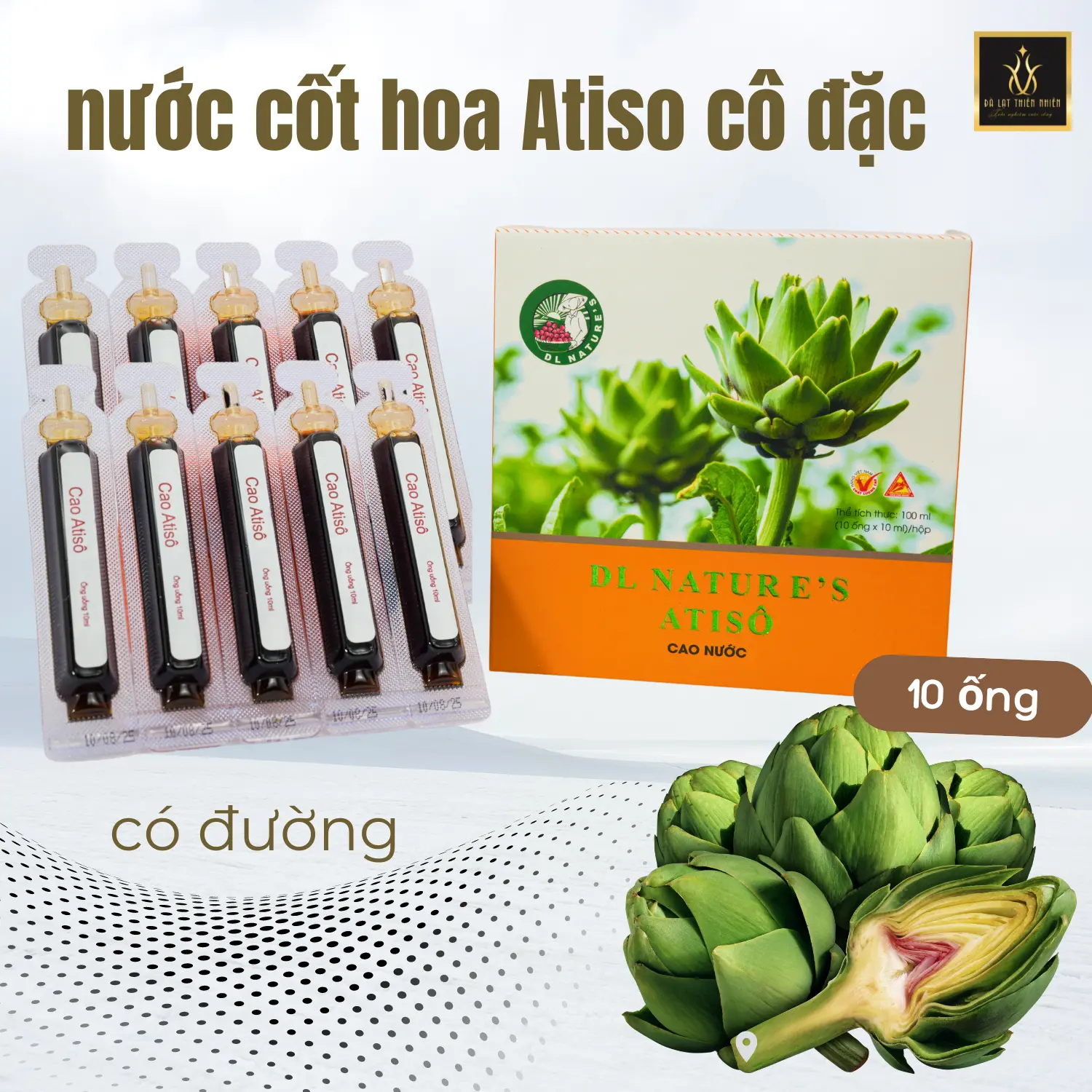 COMBO 3 hộp Nước cốt Atiso cô đặc 30 ống - Chiết xuất lá, bông Atiso nguyên chất, vị atiso ngọt nhẹ, ít đường Đà Lạt Thiên Nhiên Farm