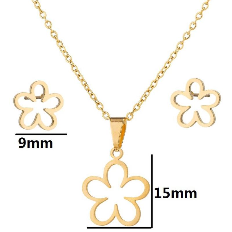 Product Introduction of Ins Style New 18K Gold Plated Stainless Steel Hollow Flower Earrings Korean and Japanese Niche Pendant Necklace Two-Piece Set 5