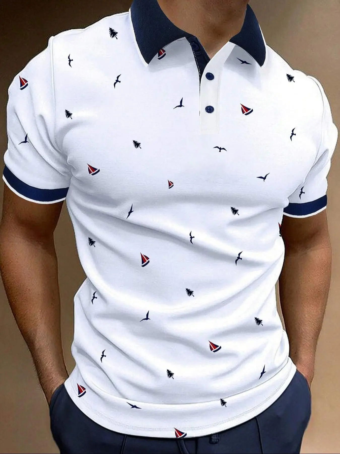 Men's Stylish All Over Print Contrast Binding Shortsleeve Half Placket Polo Shirt, Classic Breathable Regular Fit Casual Short Sleeve Button Front Tops for Men, Menswear for Daily Wear Golf, T Shirts for Men, Evening Tops, Collared Shirt