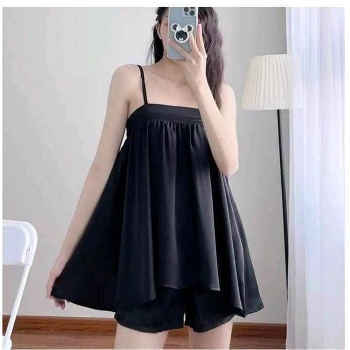 Đồ bộ pyzama hai dây [vải lụa kate] màu đen trơn