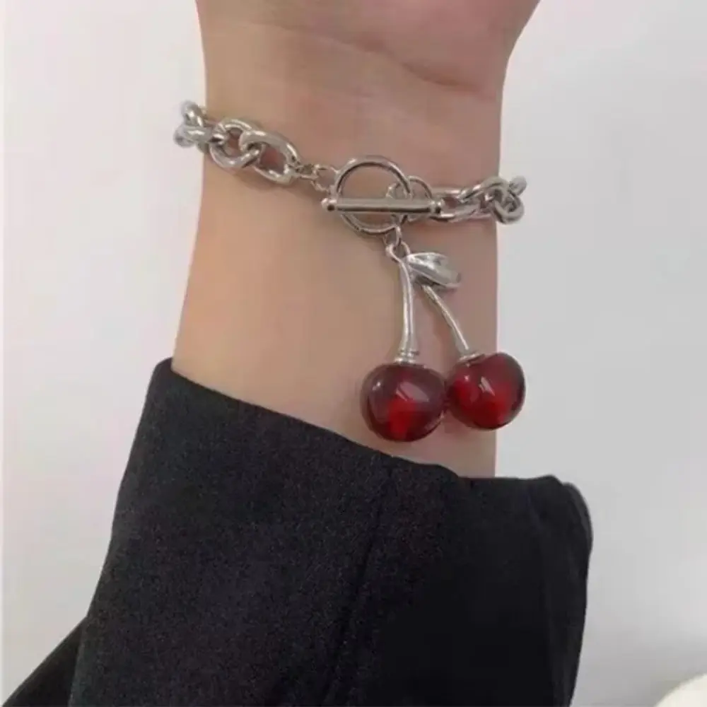 Fashion Cherry Pendant Necklace Y2k Alloy Chain Bracelet Stud Earrings Women Girls