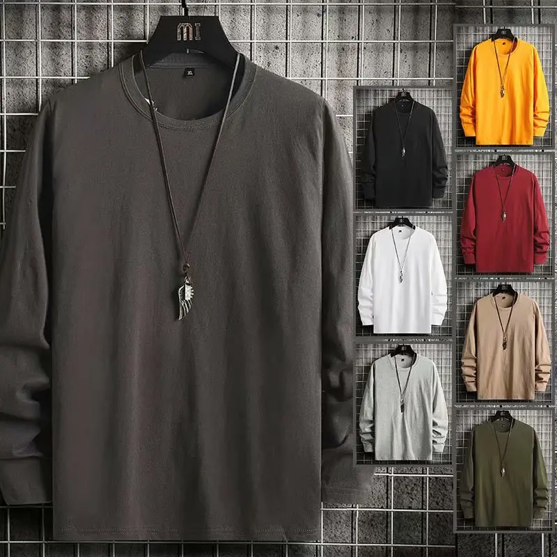 Cotton Long-Sleeved T-shirt Men's Spring and Autumn Trendy Casual Solid Color Top Men's and Women's Unisex Style Inner Bottoming Shirt Menswear Lingerie Human Streetwear
