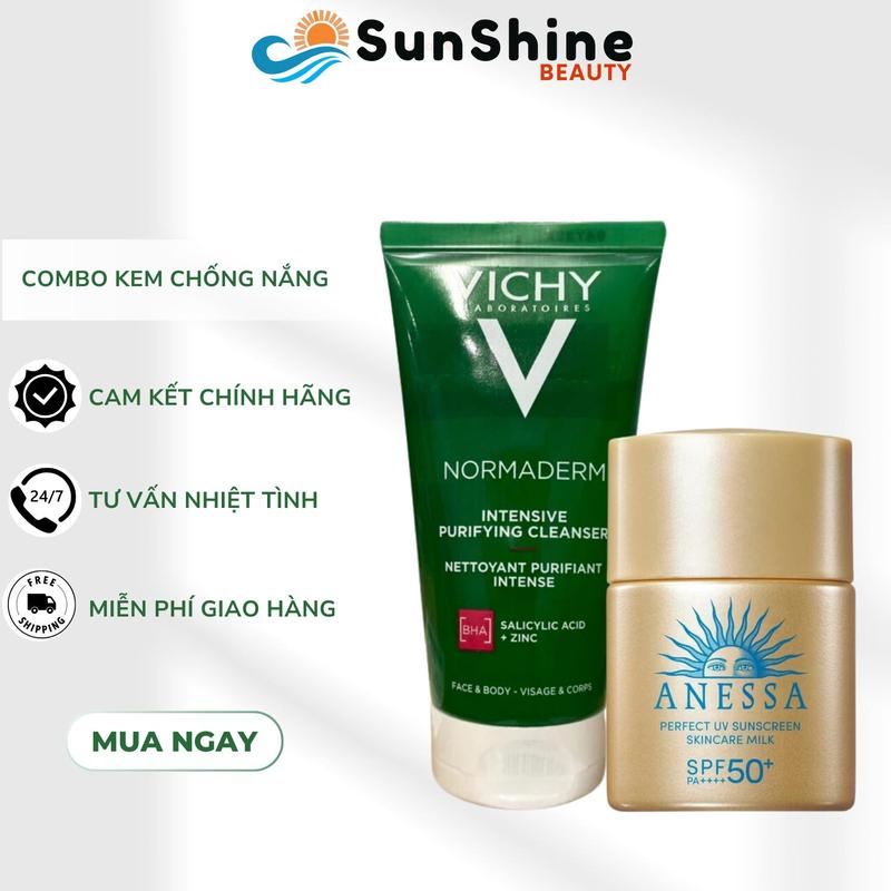 Sữa Chống Nắng Anessa Skincare Milk 12ml & Sữa Rửa Mặt Vichy Da Dầu 50ml - COMBO DU LỊCH