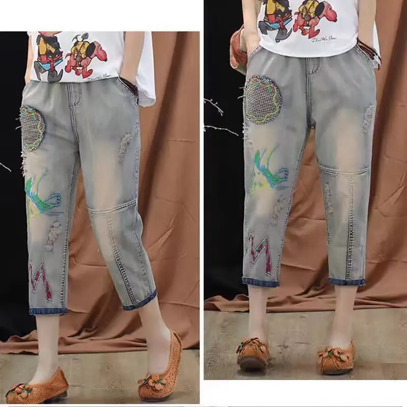 Quần Cropped Xén, Eo Co Giãn Denim, Dành Cho Phụ Nữ, Bộ Sưu Tập Mùa Hè Mới, Dáng Rộng Rãi Và Mỏng Vừa Vặn, Cạp Cao, Thiết Kế Vá, Khối Màu, Dễ Phối Đồ Phong Cách Harem Women Pants 4