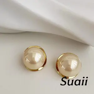 [Suaii] Anting-Anting Mutiara Besar Logam Berkilau Gaya Modis dan Elegan A515