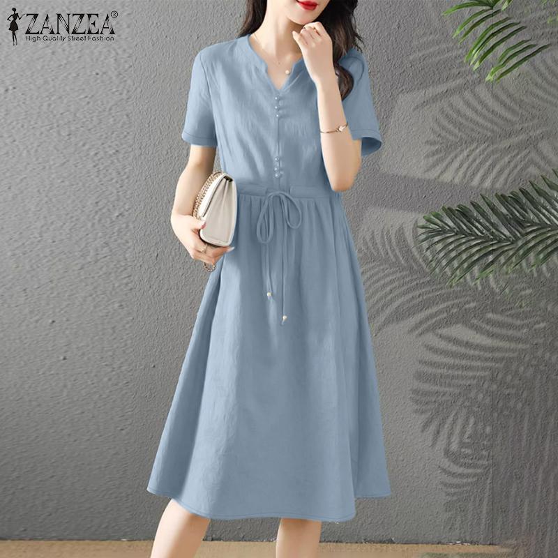 ZANZEA Korean Style Womens Office Casual Lace Up Midi Dresse - TikTok ...