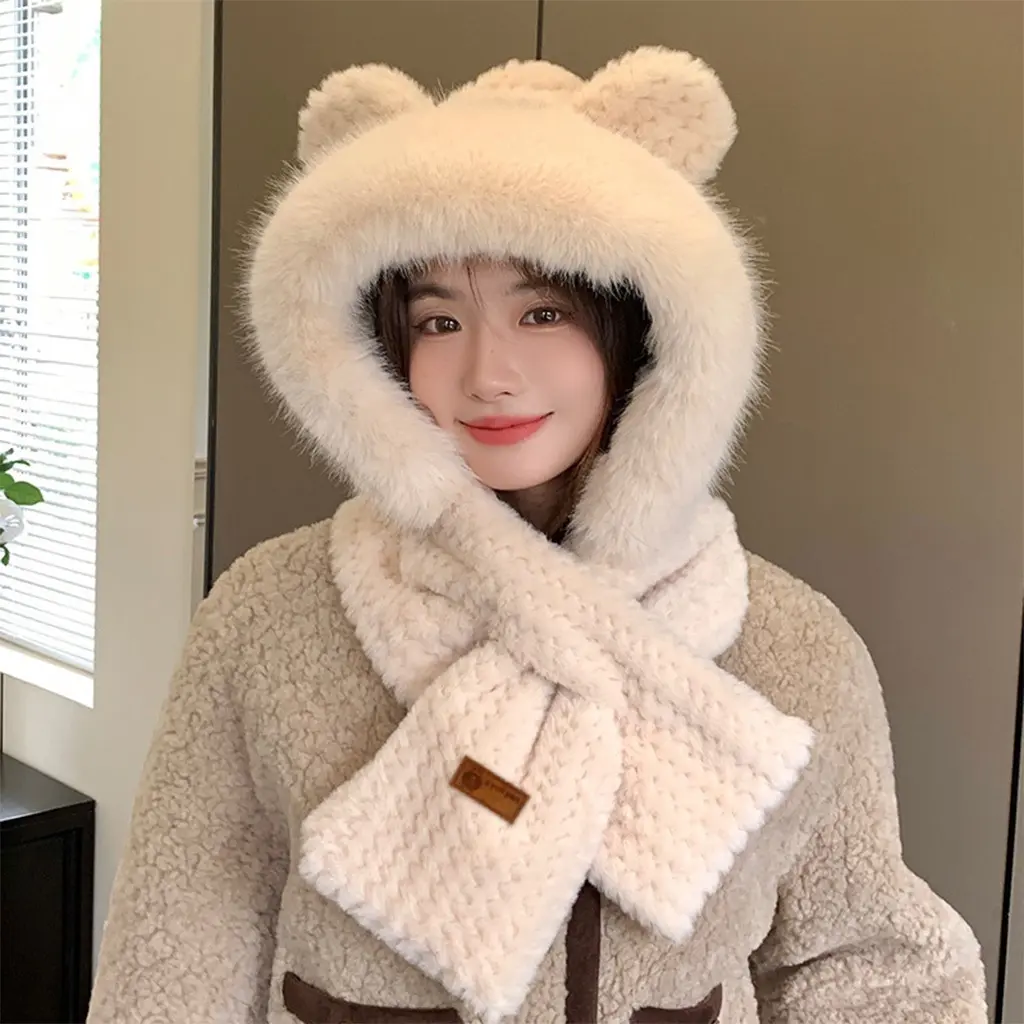 【Hot】Mũ Khăn Xỏ Logo Da - Mũ lông trùm đầu tai mèo cute, Mũ len trùm đầu kèm khăn giữ ấm cho mùa đông. Women Cap Hat Voi