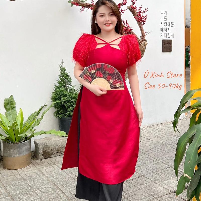 Set Áo Dài BIGSIZE - D48- Ú XINH STORE Khổng Tước cao cấp cho người béo mập đi tiệc đi chơi