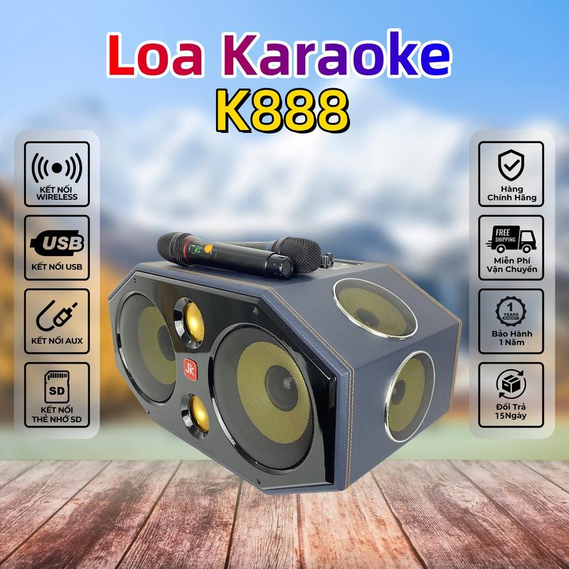 Loa Karaoke JK-K888 500W Di Động Nghe Nhạc Xách Tay Bluetooth 7.5 3 Đường Tiếng - Bass 20cm x 2 Mid 12cm x 4 Treble x 2 UHF Micro không dây Loa ngoài trời Loa gia đình
