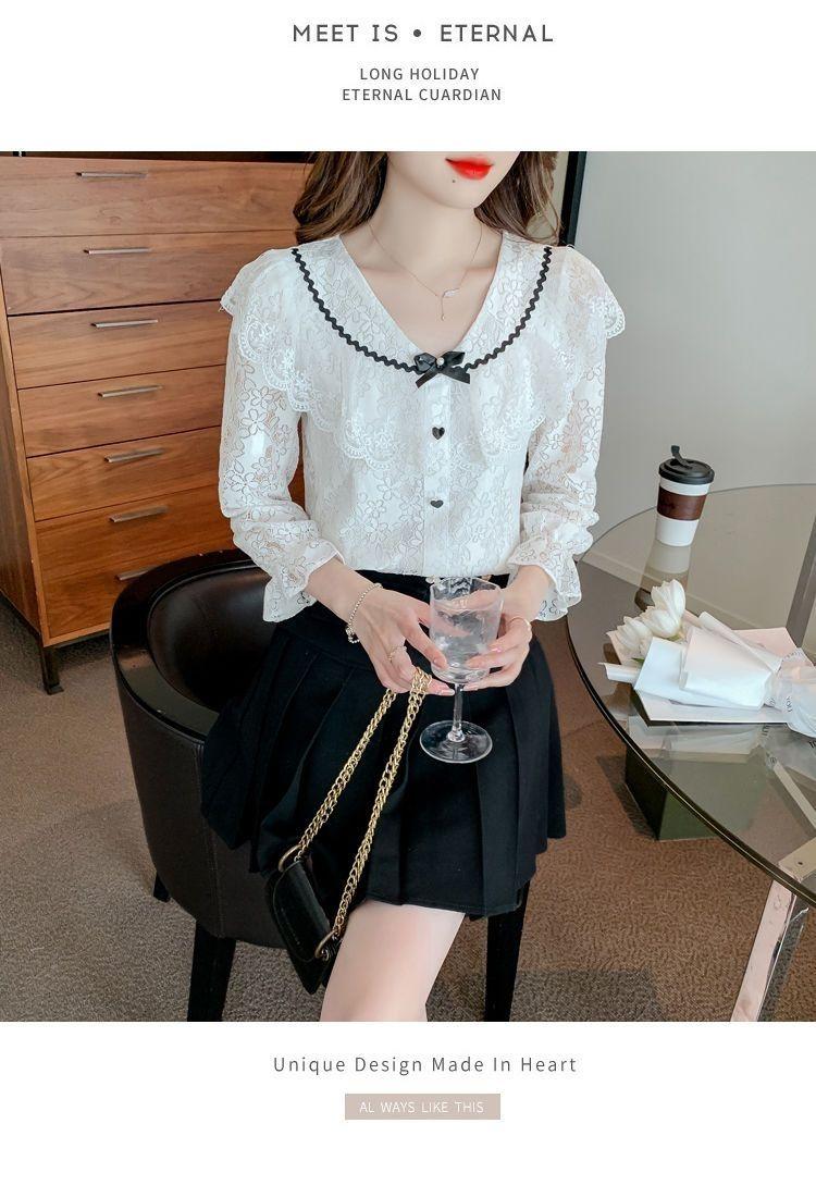 Product Introduction of Áo Sơ Mi Dài Tay Ren Nơ Cổ Chữ V, Thiết Kế Xinh Xắn, Áo Dễ Phối Đồ Sang Trọng Độc Đáo Dành Cho Nữ, Hàng Mới Về Đầu Mùa Thu 2022 Women Top Shirt 15