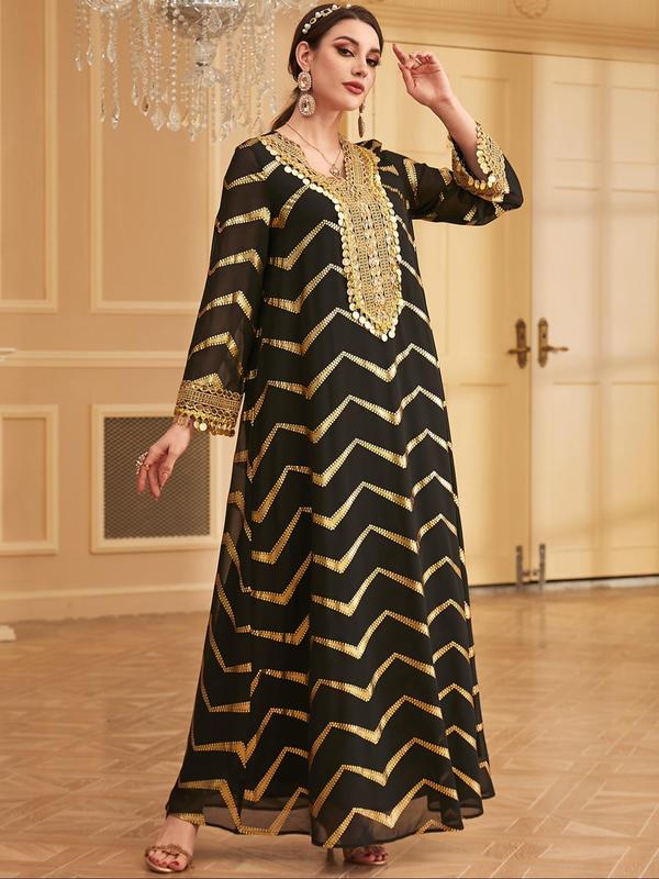Arabic Clothing- Wave Pattern Hot Stamping Contrast Sequin Fringe Trim Dress, Elegant Long Sleeve V Neck Long Dress for Women, Women's Islamic Clothing for All Seasons, Modesty Dresses, Kameez 3