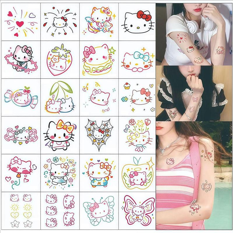 Hình Xăm Dán Hello Kitty, 25 Cái / Tờ, Thiết Kế Hoạt Hình Dễ Thương, Lâu Trôi, Không Thấm Nước, Hình Xăm Dán Dài, J8D4 3