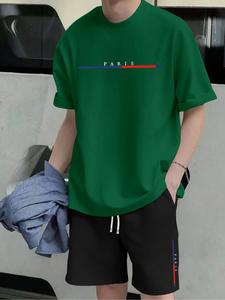男性用の夏用ソリッドラウンドネック半袖カジュアルTシャツとドローストリングウエストショーツセット、ジオメトリックプリント、フィットニット生地、適度な厚み