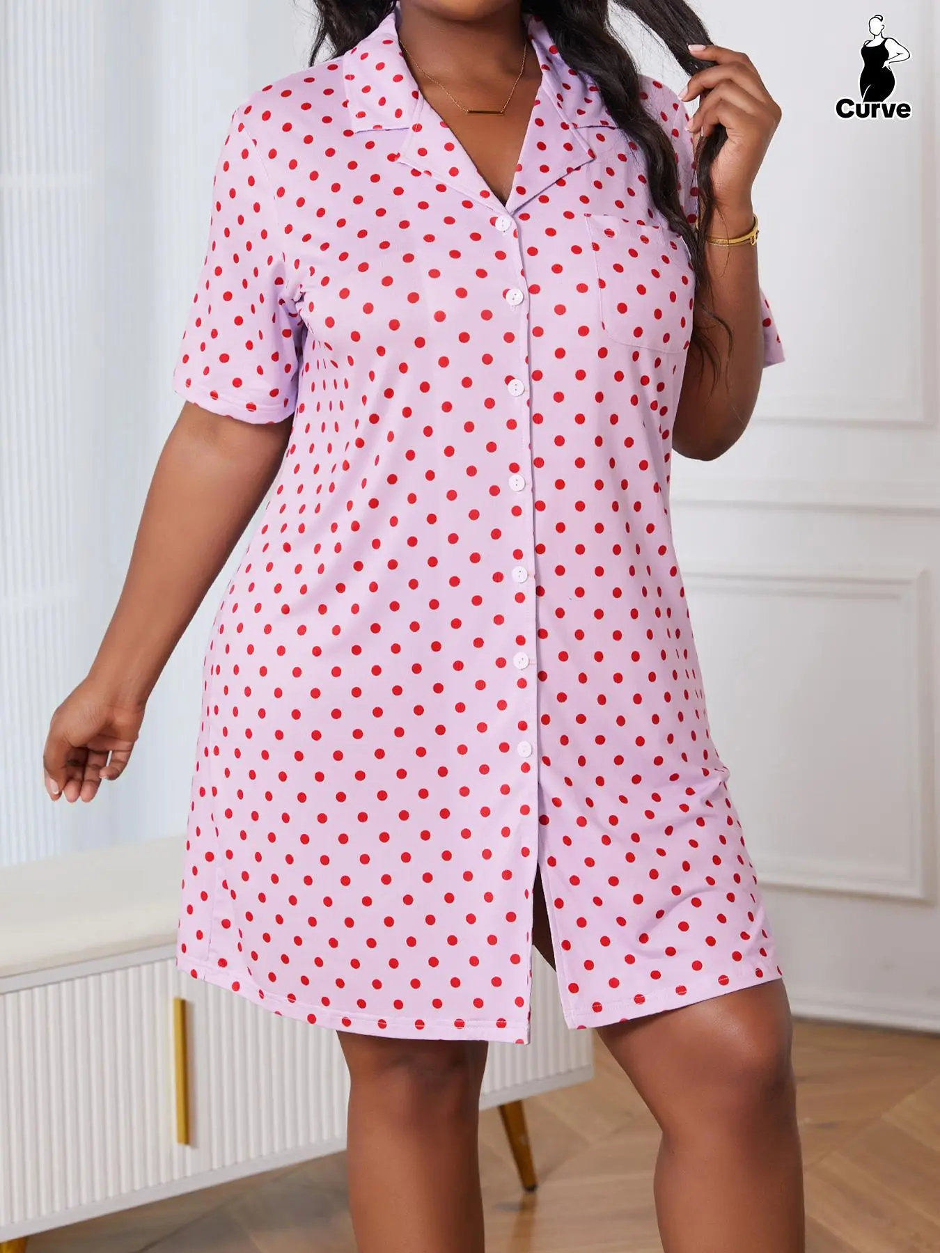 Plus Size Polka Dot Print Button Front PJ Shirt Dress, Casual Drop Shoulder Lapel Neck Half Sleeve Nightdress for Women, Women's Sleepwear for All Seasons