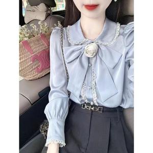 เสื้อเชิ้ตขนาดเล็ก คอลเลคชั่นต้นฤดูใบไม้ร่วง ใหม่ สไตล์เกาหลี เสื้อเด็ก แขนยาว ทรงสลิมฟิต เย็บลูกไม้ คอปกตุ๊กตา โบว์ เหมาะสำหรับพร็อพ [3876 คอลเลคชั่น]