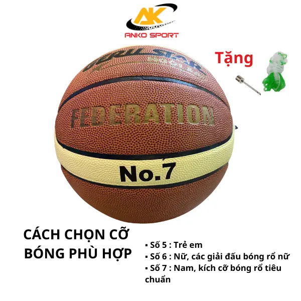 Bóng rổ da GERU STAR Federation số 7, Bóng thi đấu + Tặng kim bơm + Túi đựng bóng, Bóng bền tốt bám tay - ANKO SPORT
