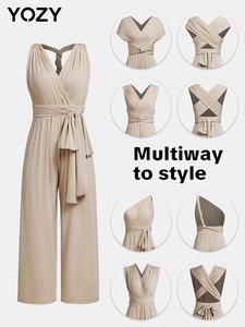 YOZY Plain Twist Knot Wide Leg Jumpsuit/ Casual V Neck Wrap Belted Multi-Way Tank Jumpsuit, 2024 Women's Summer & Autumn Outfits for Daily Wear, [Multiway To Style]