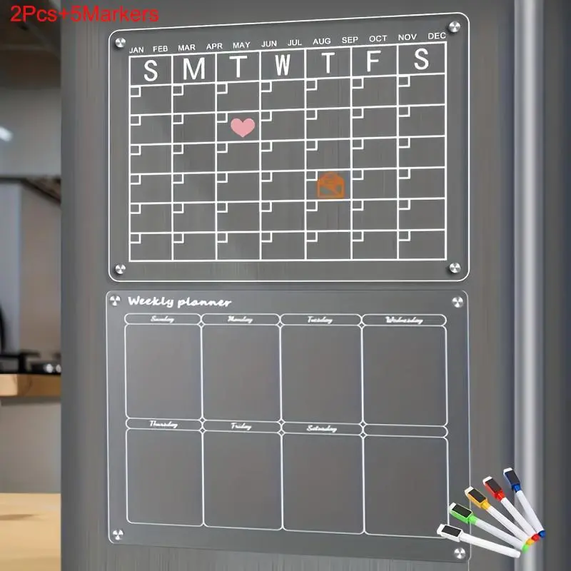 Acrylic Magnetic Monthly and Weekly Calendar with Markers, Clear Magnetic Dry Erase Board Calendar for Fridge, Reusable Planner Whiteboard Calendar with 5 Markers