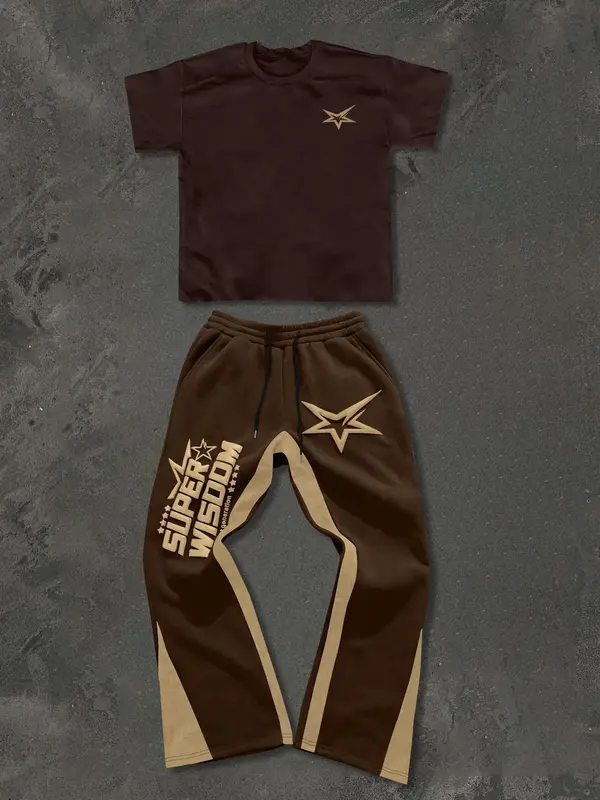 Two-Piece Set Men's Star Print Tee & Sweatpants, Regular Fit Casual Fashion Cozy Breathable for Daily Wear, Men's Clothes for All Seasons, Menswear 4