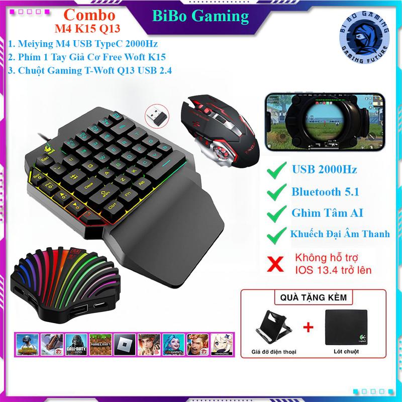 Combo Meiying M4, Bộ Chuyển Đổi Gaming hai chế độ kết nối Bluetooth 5.1 và Có Dây 2000Hz, hỗ trợ ghìm tâm AI, Bàn Phím Giả Cơ Free Wolf K15 và Chuột Gaming, Hỗ trợ chơi game PUBG Mobile, Free Fire, Liên Quân, MineCraft, Roblox