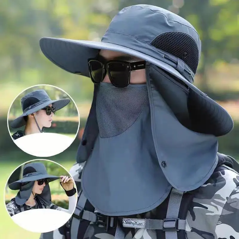 1Pcs Penutup Muka Penuh Topi Memancing Topi Matahari Dengan Topeng Topi Musim Panas Mendaki Gunung Perlindungan Matahari Anti UV Topi Mendaki Wanita Lelaki Kulit Outdoor