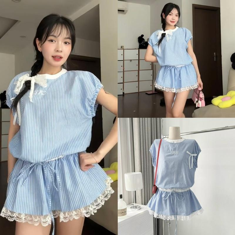 Jump Váy Kẻ Sọc Xanh Phối Ren Tay Hến bo chun siêu xinh