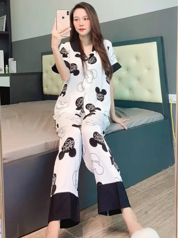 149k cho 3 áo cộc quần dài, Set pyjama freesize dưới 60kg . Nữ Women Quần Ngủ Voi Nhung Thun 5