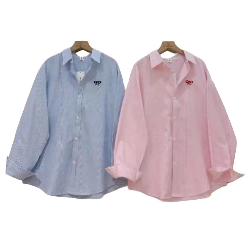 Áo sơ mi nữ kẻ xanh, hồng thêu hình nơ  dành cho học sinh ,sinh viên trẻ trung năng động 40_60kg