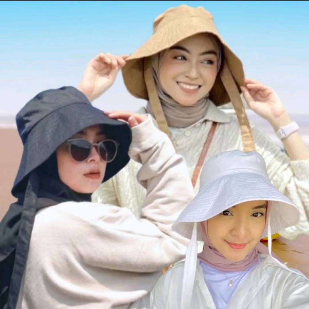 TOPI WIDE BUCKET HAT WANITA PIKNIK KOREAN MULUNG PANTAI TALI PANJANG OUTDOOR REMAJA & DEWASA HIJAB Abu Coklat