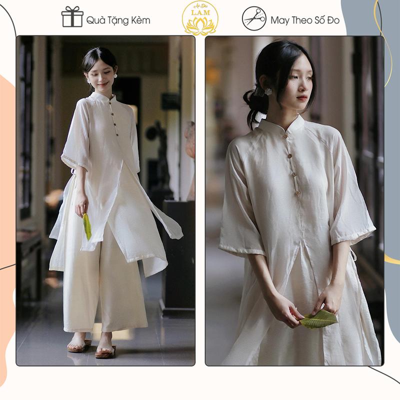 Áo dài cách tân đũi suông tơ xước phối lụa