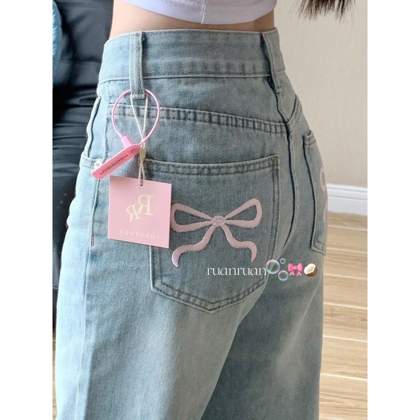 Light Blue Distressed Bow Embroidered Jeans Women's Summer American High Waist Straight Design Loose Wide Leg Pants