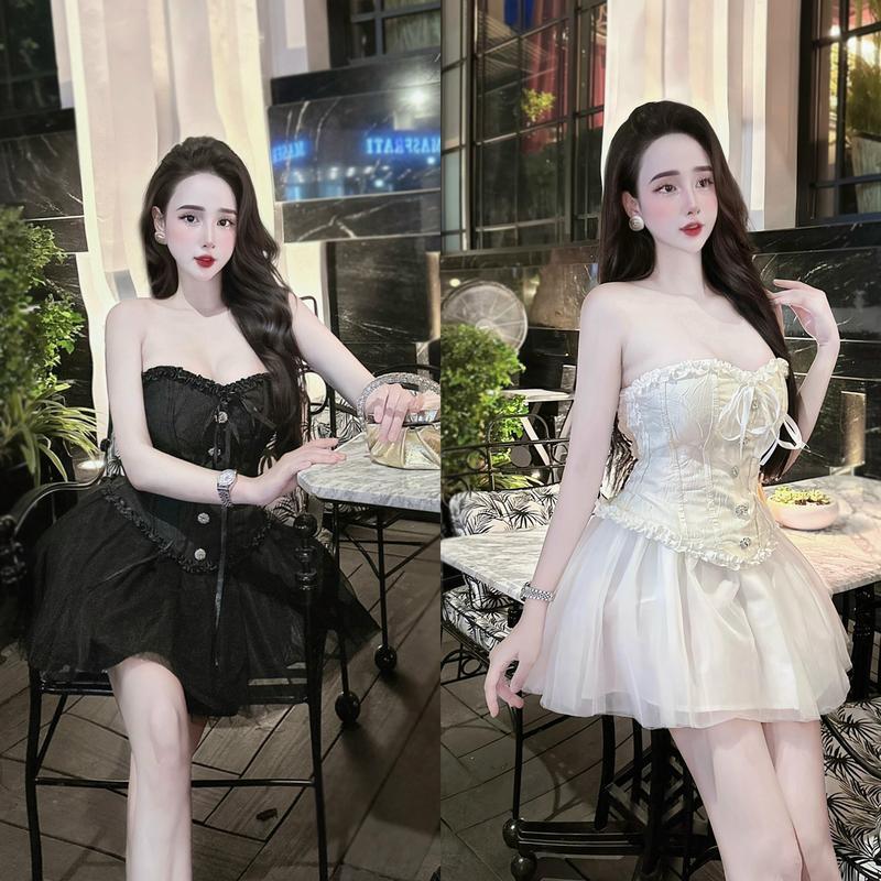 Set thiết kế áo dây ren nổi cúp ngực vạc bầu phối chân váy voan tơ 2 tầng quyến rũ, form chuẩn FreeSize MeiCloset