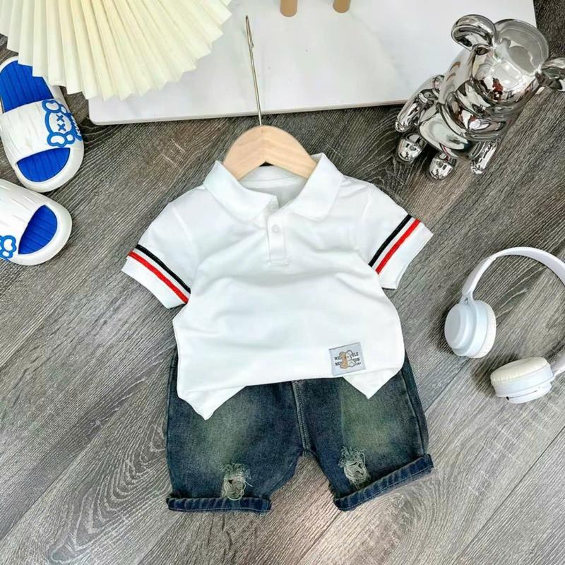 Sét Bộ PoLo (Áo+Quần) Phối Tay Sọc Áo Chất PoLo Cá Sấu Mềm Mịn Mix Quần Jean Cho Bé Trai Đi Học Đi Chơi Đủ Size Từ 9-30kg 1