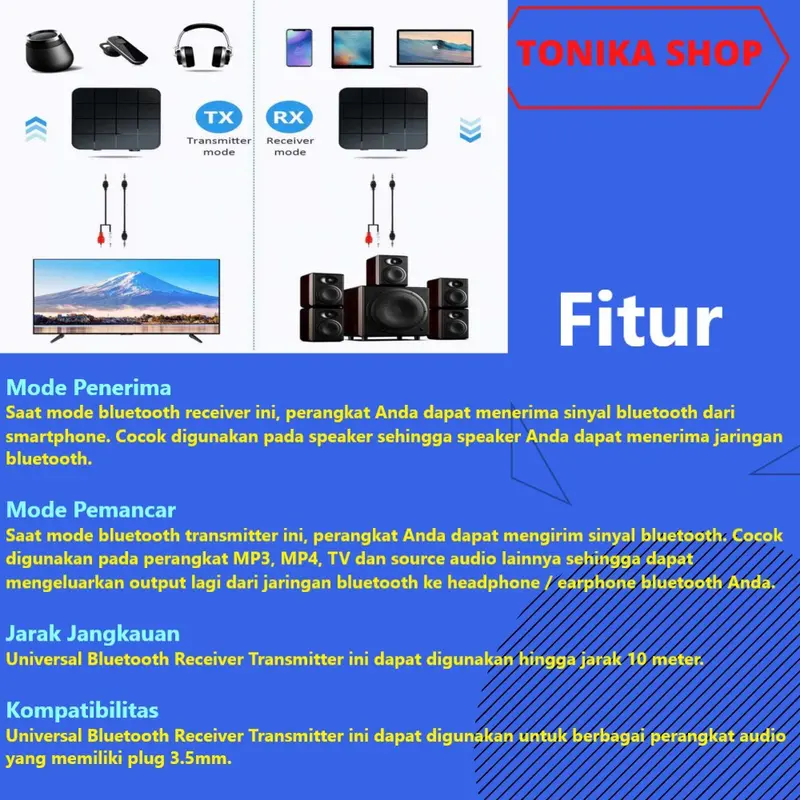Audio Bluetooth 5.0 Universal Transmitter & Receiver TEBE 2 in 1 - 3.5 Earphone Headphone Speaker Wireless Accessories Plastik 2