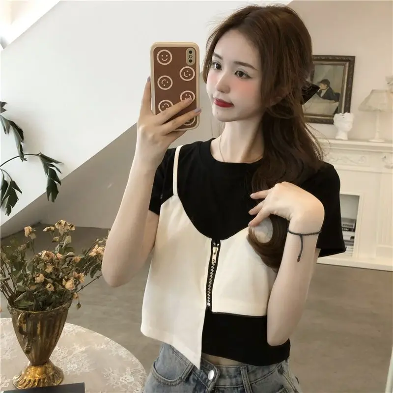 Áo Thun Phong Cách Hàn Quốc Sang Trọng Cho Mùa Hè, Ins Mới, Hợp Thời Trang, Phong Cách Hàn Quốc, Đồ Dệt Kim, Giảm Béo, Giả, Hai Mảnh, Sling, Khâu Ngắn Top Sơ Mi Nữ