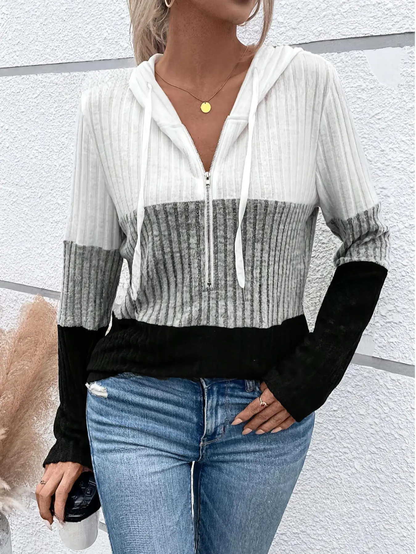 Women's Colorblock Zip Up Hoodie, Casual Long Sleeve Hooded Sweatshirt for Spring & Fall, Fashion Women's Clothes for Daily Wear