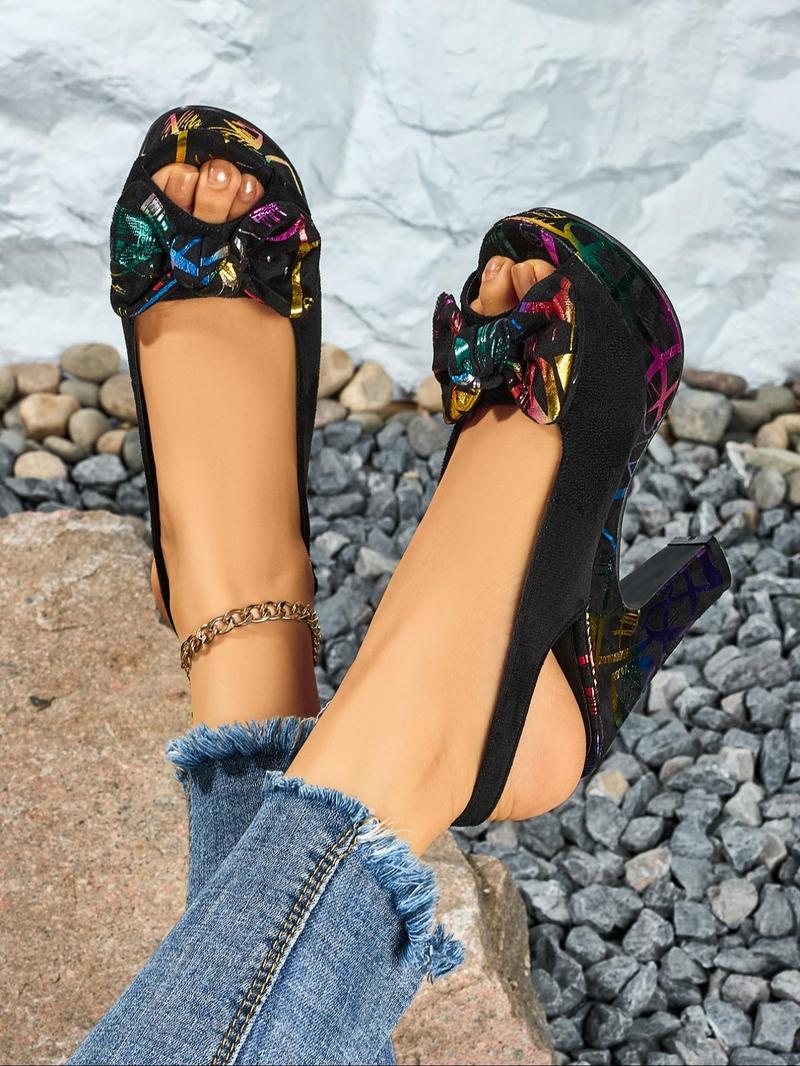 Product Introduction of Women's Fashionable Bow Decor Peep Toe High Heel Sandals, Casual Comfortable Platform Sandals for Daily Wear, Female All-match Retro Shoes for Women & Girls 8