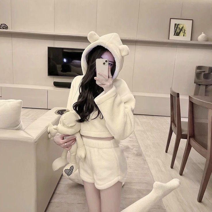  OOTD-Bộ Đồ Ngủ Có Mũ Hình Gấu Dễ Thương Cho Nữ Quần Đùi Dài Tay Sang Trọng Có Thể Là Áo Khoác Ngoài Bộ Đồ Mặc Nhà Mùa Thu Và Mùa Đông 